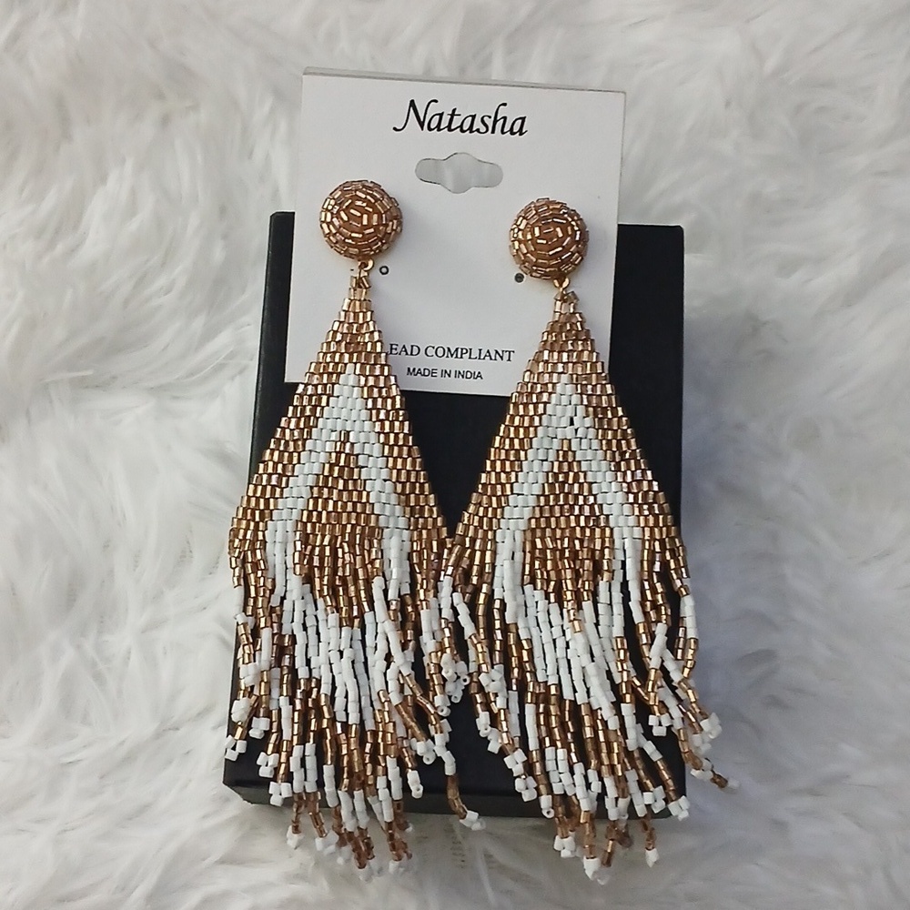Natasha‎ Couture Gold White Beaded Fringe Boho Festival Sexy Statement Earrings